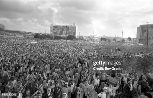 General view of the audience gathered in la Plaza de la Revolucion during the 10th anniversary celebration of the Cuban Revolution, Havana, Cuba,...