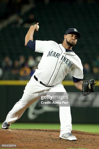 Juan Nicasio of the Seattle Mariners pitches in the eight inning against the Oakland Athletics during their game at Safeco Field on May 1, 2018 in...