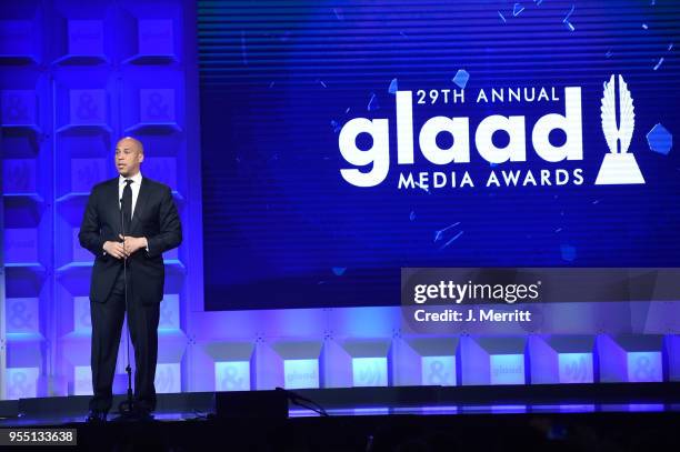 Senator Cory Booker speaks onstage at the 29th Annual GLAAD Media Awards at The Hilton Midtown on May 5, 2018 in New York City.