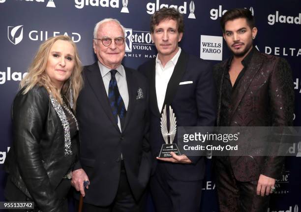 Melissa Etheridge, James Ivory and Peter Spears, recipients of Outstanding Film-Wide Release Award for Call Me By Your Name, and Adam Lambert attend...