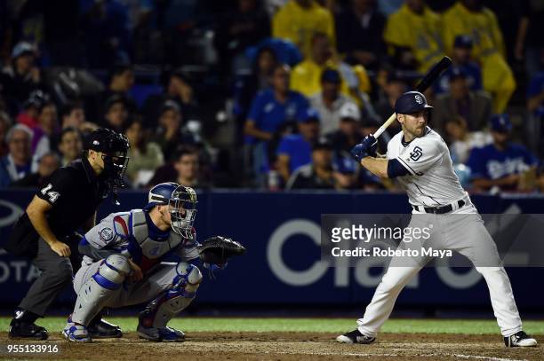 Matt Szczur of the San Diego Padres bats during the game against the Los Angeles Dodgers at Estadio de Béisbol Monterrey on Saturday, May 5, 2018 in...