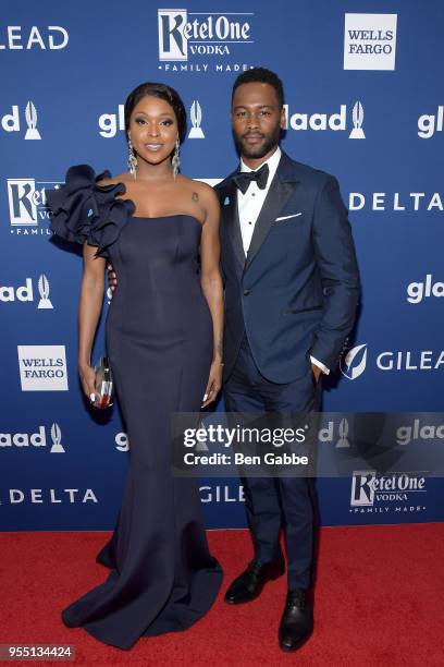 From left, Amiyah Scott and Justin Marcel McManus celebrate achievements in the LGBTQ community at the 29th Annual GLAAD Media Awards New York, in...