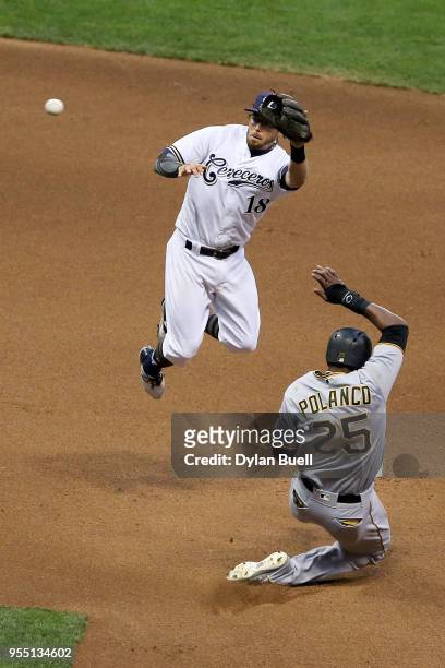 Gregory Polanco of the Pittsburgh Pirates steals second base past Eric Sogard of the Milwaukee Brewers in the sixth inning at Miller Park on May 5,...