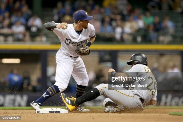 Eric Sogard of the Milwaukee Brewers attempts to turn a double play past Francisco Cervelli of the Pittsburgh Pirates in the seventh inning at Miller...