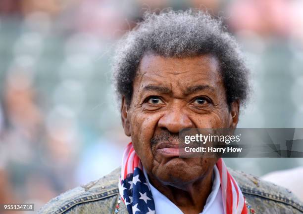 Promotor Don King stands seen ringside before the fight between Gennady Golovkin and Vanes Martirosyan in a WBC-WBA Middleweight Championship at...