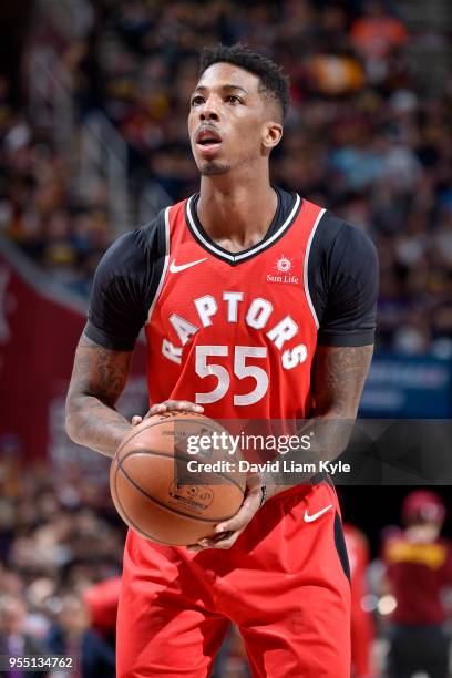 Delon Wright of the Toronto Raptors shoots a free throw against the Cleveland Cavaliers during Game Three of the Eastern Conference Semi Finals of...