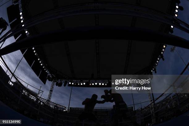 Ruslan Madiyev of Kazakhstan punches Jesus Perez of Mexico in the Super Lightweight Championship at StubHub Center on May 5, 2018 in Carson,...