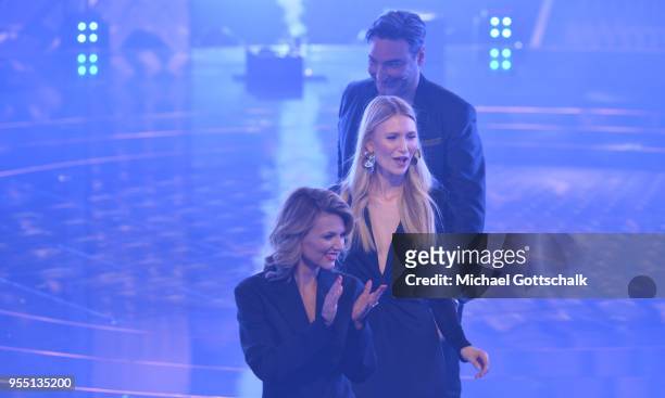 Ella Endlich, Carolin Niemczyk and Mousse T. During the finals of the tv competition 'Deutschland sucht den Superstar' at Coloneum on May 5, 2018 in...