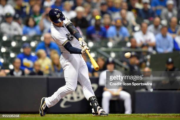 Milwaukee Brewers left fielder Ryan Braun hits a two run RBI double against the Pittsburgh Pirates on May 5, 2018 at Miller Park in Milwaukee,...