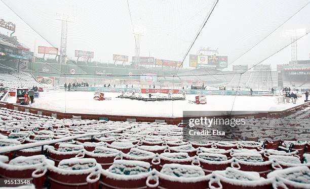 Snow covers Fenway Park as the Philadelphia Flyers take the ice for practice before the Bridgestone NHL Winter Classic on December 31, 2009 at Fenway...