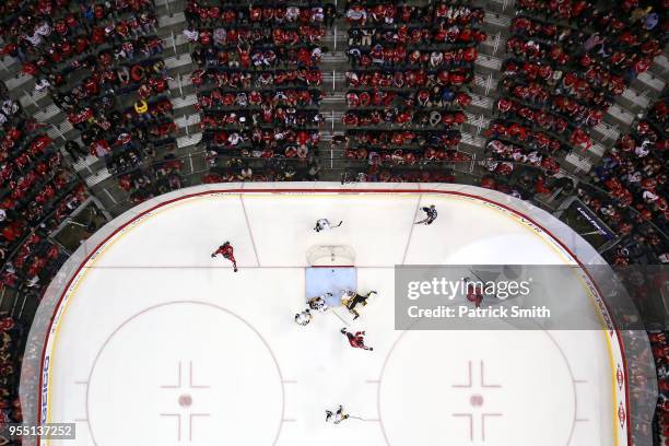 Jakub Vrana of the Washington Capitals celebrates his goal against the Pittsburgh Penguins during the third period in Game Five of the Eastern...