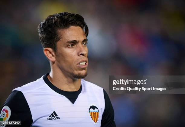 Gabriel Paulista of Valencia reacts during the La Liga match between Villarreal and Valencia at Estadio de la Ceramica on May 5, 2018 in Villarreal,...