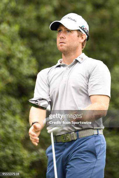 Tyler Duncan watches his drive during the 3rd round of the Wells Fargo Championship on May 05, 2018 at Quail Hollow Club in Charlotte, NC.