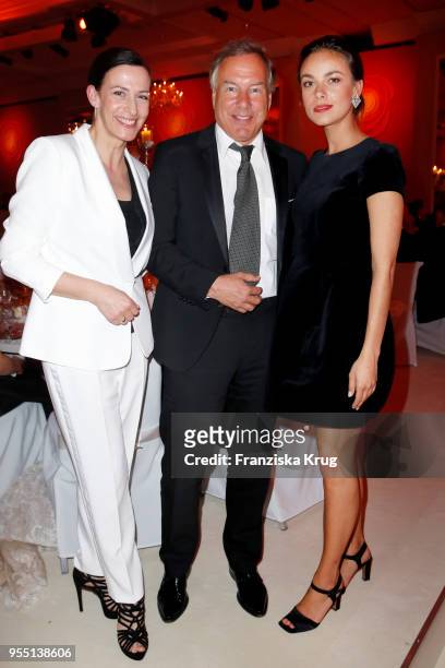 Ulrike Frank, Nico Hofmann and Janina Uhse during the Rosenball charity event at Hotel Intercontinental on May 5, 2018 in Berlin, Germany.