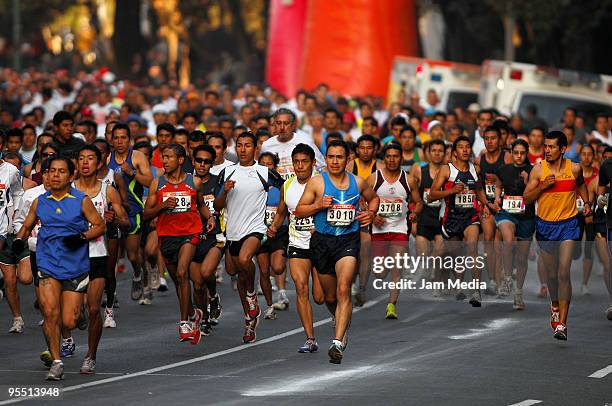 View of Elite runners in action during the San Silvestre Road Race at the Reforma Avenue on December 31, 2009 in Mexico City, Mexico. Mexico's race...