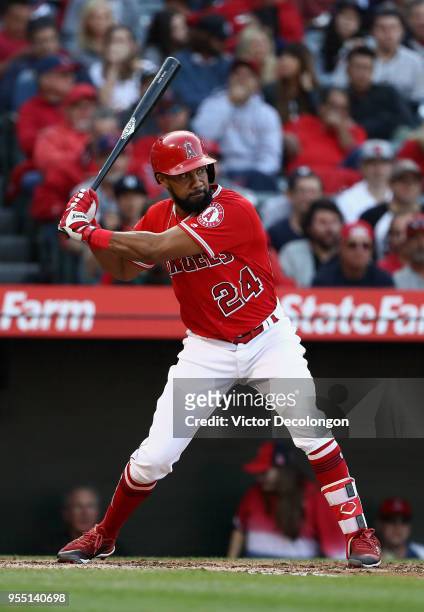 Chris Young of the Los Angeles Angels of Anaheim bats in the third inning during the MLB game against the New York Yankees at Angel Stadium on April...