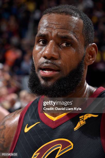 LeBron James of the Cleveland Cavaliers talks with the media after Game Three of the Eastern Conference Semi Finals of the 2018 NBA Playoffs against...