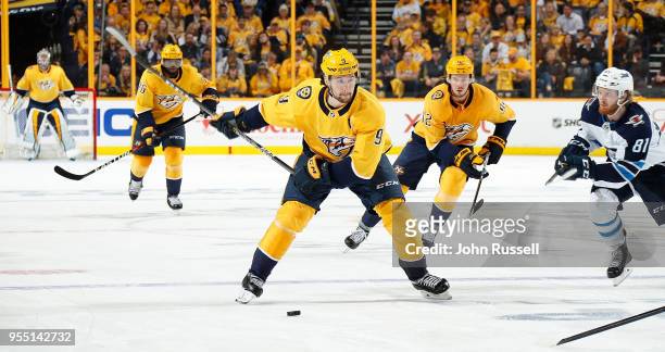 Filip Forsberg of the Nashville Predators looks to shoot against the Winnipeg Jets in Game Five of the Western Conference Second Round during the...