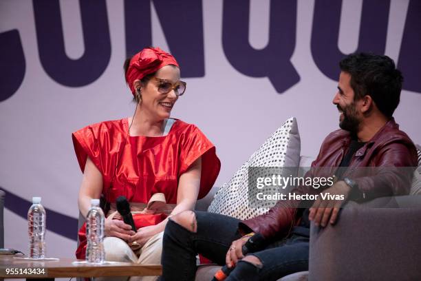 Parker Posey and Ignacio Serricchio attend a conference during the ConqueCon Queretaro 2018 at Queretaro Centro de Congresos on May 04, 2018 in...