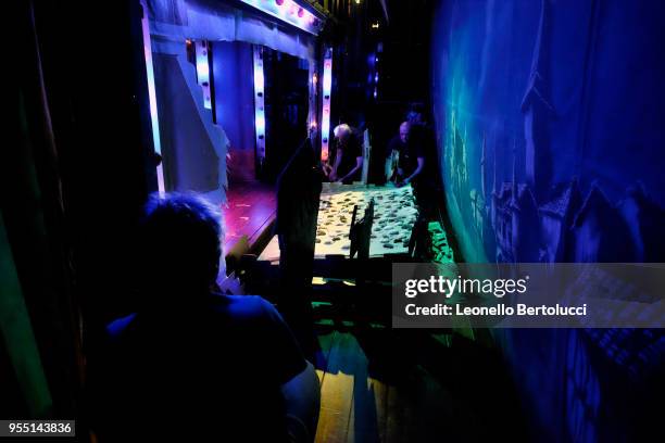 Moments of work behind the scenes during the show "Lamp of Aladdin" at the theater of the "Carlo Colla and Sons Marionette Company" on March 20, 2018...