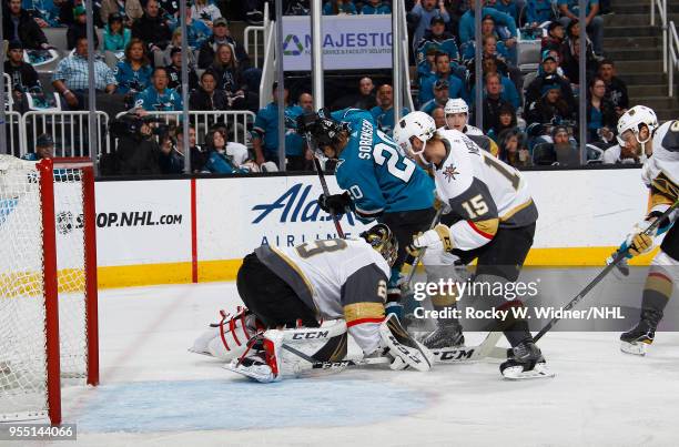 Marc-Andre Fleury of the Vegas Golden Knights defends the net against Marcus Sorensen of the San Jose Sharks in Game Four of the Western Conference...