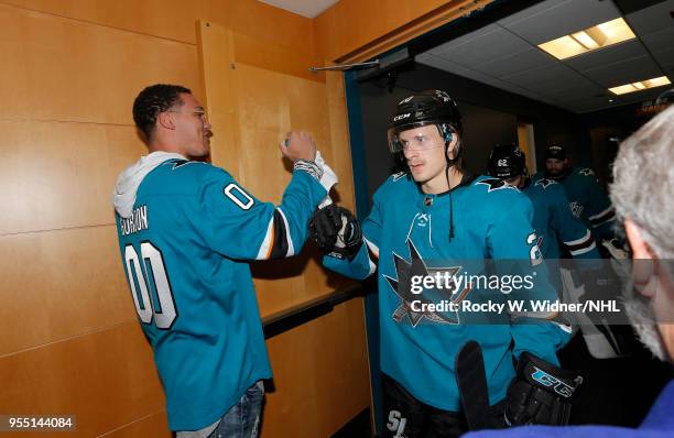 Aaron Gordon of the Orlando Magic greets Marcus Sorensen of the San Jose Sharks prior to the game against the Vegas Golden Knights in Game Four of...