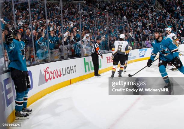 Marcus Sorensen of the San Jose Sharks celebrates after scoring a goal against the Vegas Golden Knights in Game Four of the Western Conference Second...