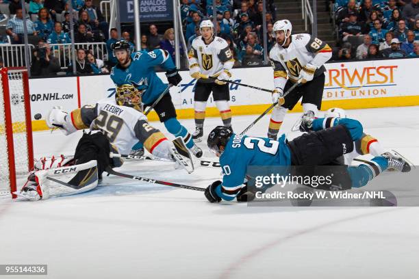 Marcus Sorensen of the San Jose Sharks scores a goal against Marc-Andre Fleury of the Vegas Golden Knights in Game Four of the Western Conference...