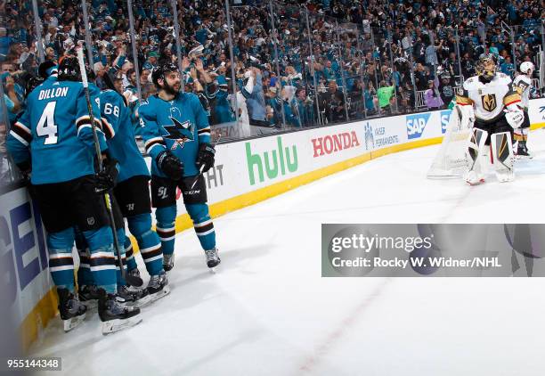 Marcus Sorensen of the San Jose Sharks celebrates with teammates after scoring a goal against the Vegas Golden Knights in Game Four of the Western...