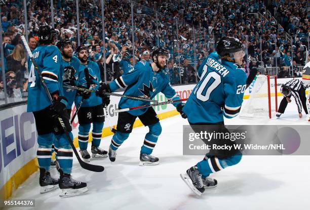 Marcus Sorensen of the San Jose Sharks celebrates with teammates after scoring a goal against the Vegas Golden Knights in Game Four of the Western...