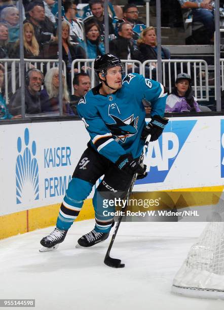 Justin Braun of the San Jose Sharks controls the puck against the Vegas Golden Knights in Game Four of the Western Conference Second Round during the...