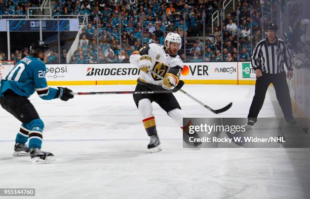 Jon Merrill of the Vegas Golden Knights clears the puck against Marcus Sorensen of the San Jose Sharks in Game Four of the Western Conference Second...
