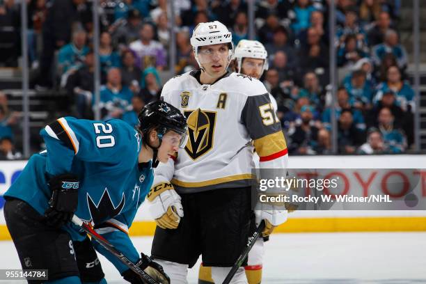 Marcus Sorensen of the San Jose Sharks skates against David Perron of the Vegas Golden Knights in Game Four of the Western Conference Second Round...