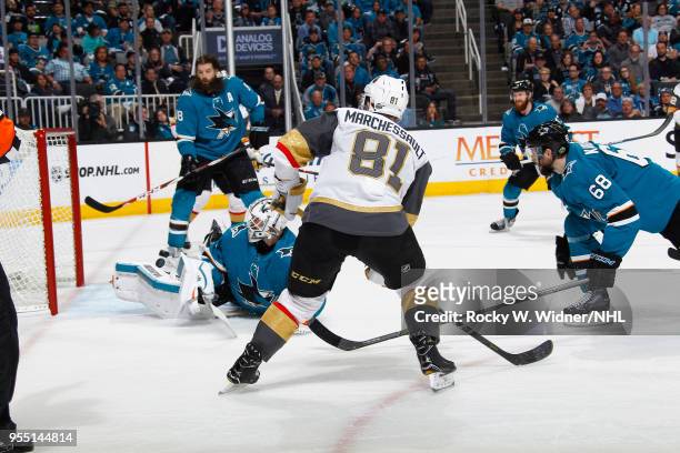 Martin Jones of the San Jose Sharks defends the net against Jonathan Marchessault of the Vegas Golden Knights in Game Four of the Western Conference...