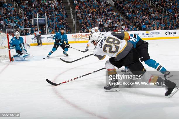 William Carrier of the Vegas Golden Knights shoots the puck against Martin Jones of the San Jose Sharks in Game Four of the Western Conference Second...