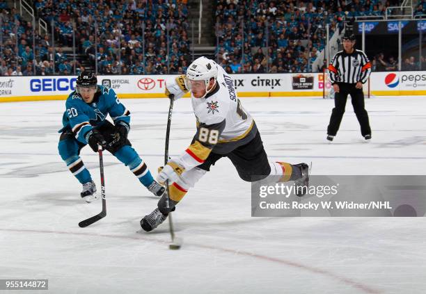 Nate Schmidt of the Vegas Golden Knights shoots the puck against Marcus Sorensen of the San Jose Sharks in Game Four of the Western Conference Second...