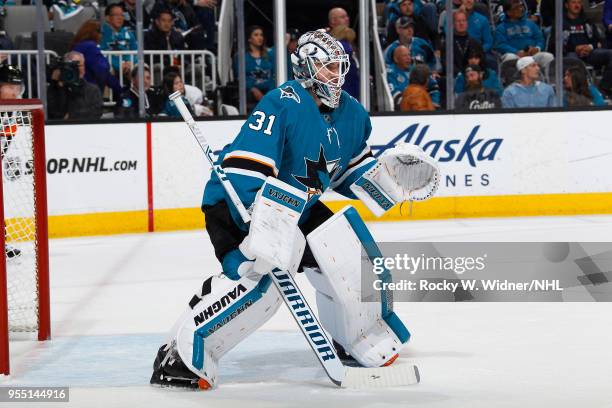 Martin Jones of the San Jose Sharks defends the net against the Vegas Golden Knights in Game Four of the Western Conference Second Round during the...
