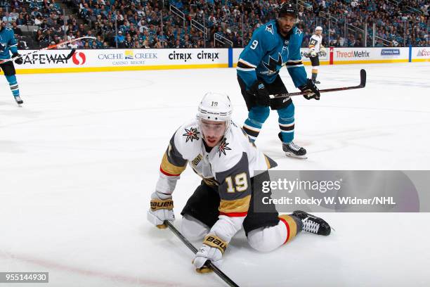 Reilly Smith of the Vegas Golden Knights skates against Evander Kane of the San Jose Sharks in Game Four of the Western Conference Second Round...