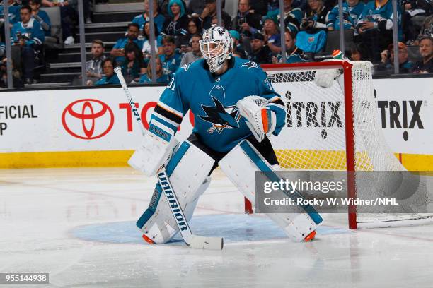 Martin Jones of the San Jose Sharks defends the net against the Vegas Golden Knights in Game Four of the Western Conference Second Round during the...