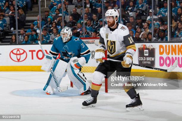 Martin Jones of the San Jose Sharks defends the net against James Neal of the Vegas Golden Knights in Game Four of the Western Conference Second...