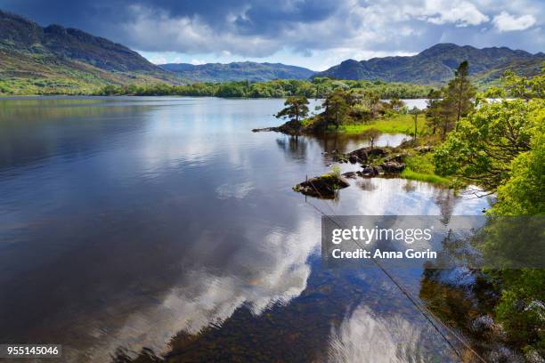 dramatic clouds reflected in muckross lake, spring afternoon in killarney national park, western ireland - lakes of killarney stock pictures, royalty-free photos & images