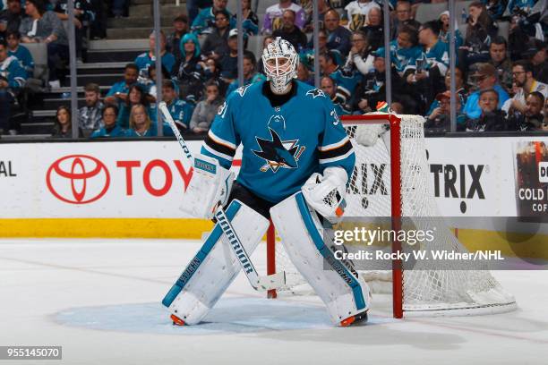 Martin Jones of the San Jose Sharks defends the net against the Vegas Golden Knights in Game Four of the Western Conference Second Round during the...