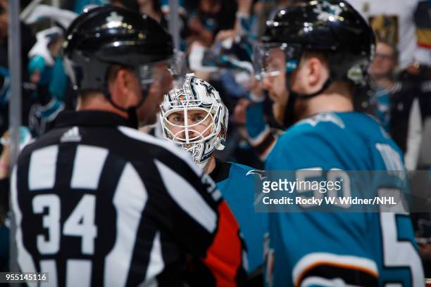 Martin Jones of the San Jose Sharks looks on during the game against the Vegas Golden Knights in Game Four of the Western Conference Second Round...