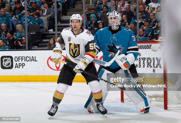Martin Jones of the San Jose Sharks defends the net against Erik Haula of the Vegas Golden Knights in Game Four of the Western Conference Second...