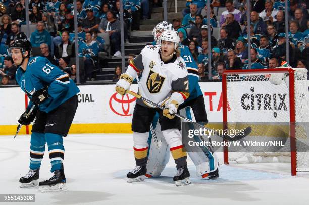 William Karlsson of the Vegas Golden Knights skates against Justin Braun and Martin Jones of the San Jose Sharks in Game Four of the Western...