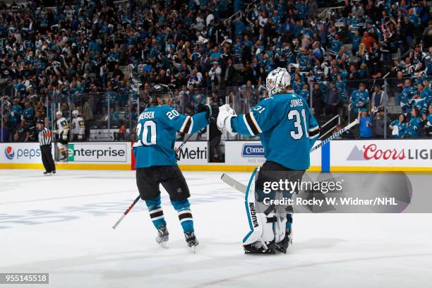 Marcus Sorensen and Martin Jones of the San Jose Sharks celebrate after defeating the Vegas Golden Knights in Game Four of the Western Conference...