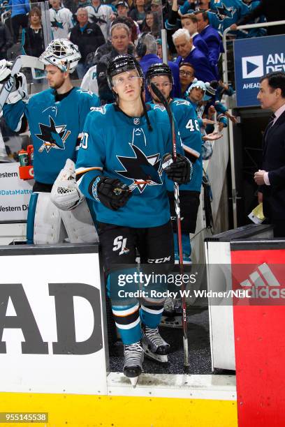 Marcus Sorensen of the San Jose Sharks skates back onto the ice after defeating the Vegas Golden Knights in Game Four of the Western Conference...