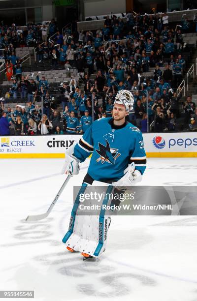 Martin Jones of the San Jose Sharks celebrates after defeating the Vegas Golden Knights in Game Four of the Western Conference Second Round during...