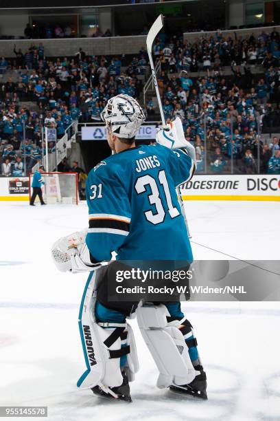 Martin Jones of the San Jose Sharks celebrates after defeating the Vegas Golden Knights in Game Four of the Western Conference Second Round during...