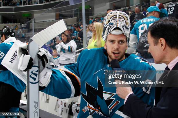 Martin Jones of the San Jose Sharks speaks with media after defeating the Vegas Golden Knights in Game Four of the Western Conference Second Round...